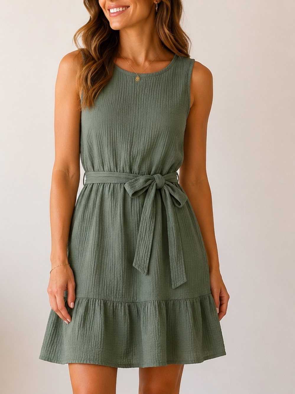Gap Sage Green Belted Mini Dress Ruffle Hem Sleeveless Tie Waist Small